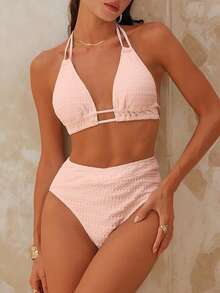Swim Chiccia Set Bikini Seksi Wanita Model Halter dengan Tali Ikat Warna Polos, Cocok untuk Pantai Musim Panas - Baby Pink - View 6