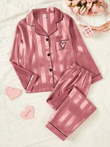 Girls Champagne Striped Long Sleeve Cardigan And Pants 2 Pieces Pajama Set