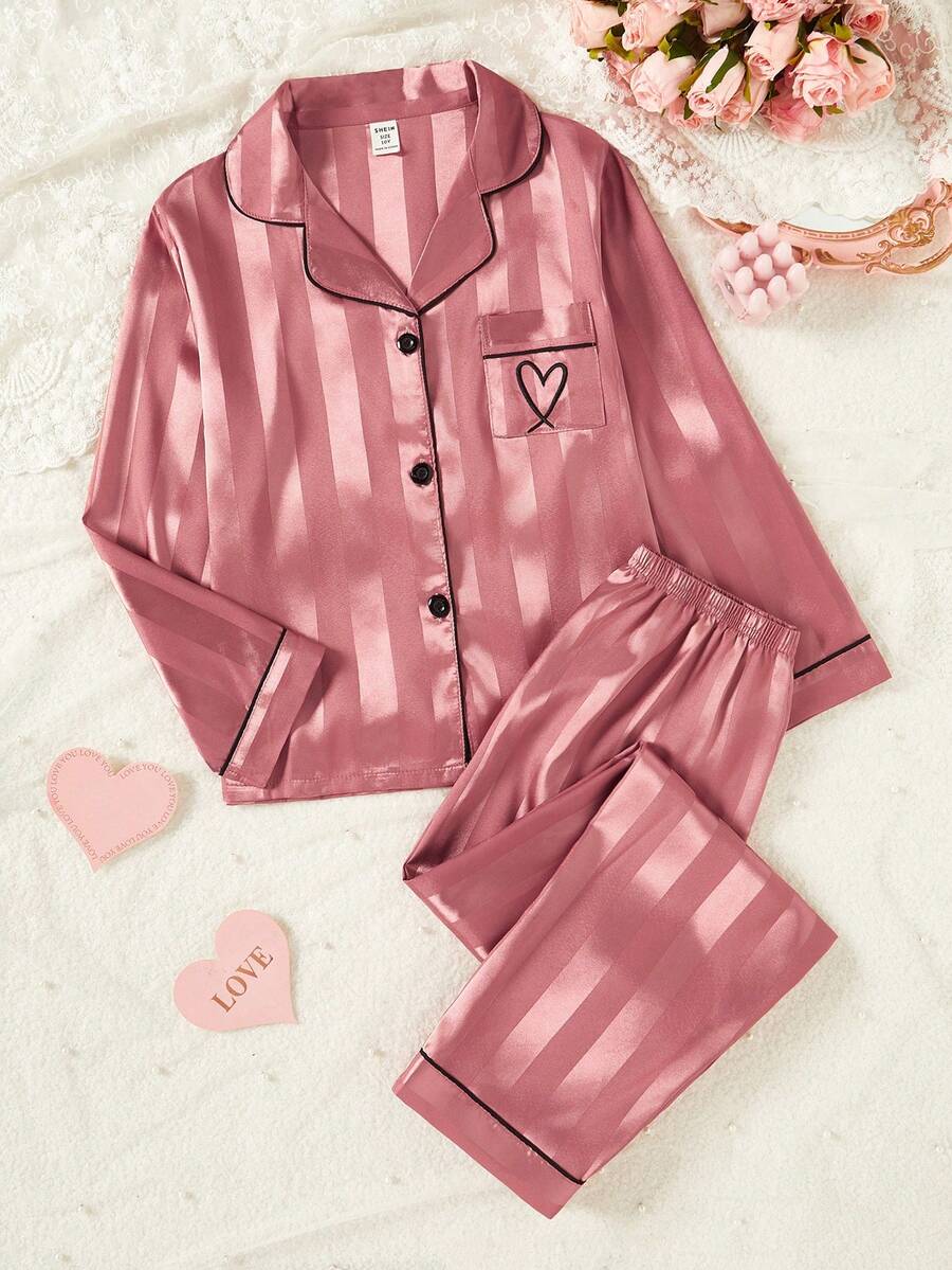 Girls Champagne Striped Long Sleeve Cardigan And Pants 2 Pieces Pajama Set