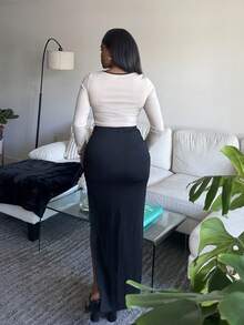 Tyla Gomez Body de manga larga con cuello redondo, bloque de color y lazo, vestimenta versátil para uso diario para mujer - Albaricoque - Ver 2
