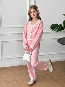 SHEIN Tween Girls Solid Pink Color Block Hem Cardigan Front Button Long Sleeve Casual Sweater And Sweater Pants 2pcs/Set