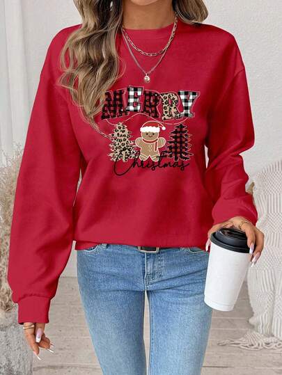 SHEIN LUNE Sudadera holgada de mujer con estampado minimalista casual de hombre de jengibre y árbol de Navidad en letra inglesa, apta para salidas y fiestas, conjunto familiar