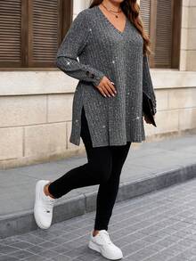 EMERY ROSE Blusa casual y cómoda de manga larga con cuello en V, botones decorativos y estampado salpicado de polvo enunicoloro y acanalado para mujer de talla grande - Gris Oscuro - Ver 5