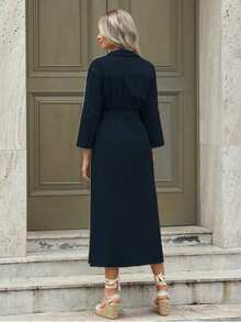 Mulvari Solid Color Button Front Half Placket Cinching Waist Pocket Flap Dress,Ladies Casual Pocket Three Quarter Length Sleeve Collar Regular Fit Long Khaki Viscose Roll Up Sleeve Plain Shirt Women Long Dresses,Spring/Fall,Casual Daily Wear Maxi Women Outfit - Navy Blue - View 2