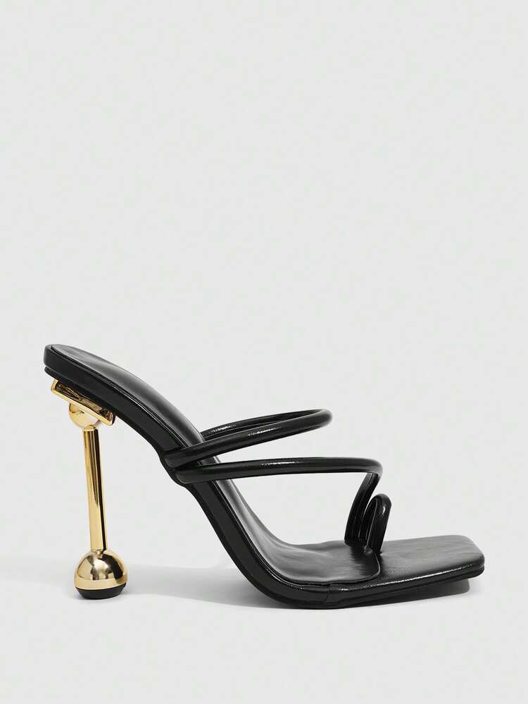 MISSGUIDED Sandales mules à lanières et talon boule architectural doré