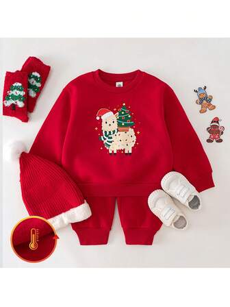 THE HAPPY LOOK 2pcs/Set Young Boy Cartoon Animal Print Soft Knit Crew Neck Long Sleeve Pullover Sweatshirt And Elastic Waist Jogger Pants