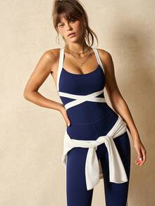 VARSIVA Workout Women Jumpsuit, Women's Athletic Jumpsuit, High-Elasticity Yoga And Fitness Jumpsuit, Exquisite Backless Design, Open Back, Butt Lift, Navy Blue Jumpsuit, Color-Blocked Jumpsuit, Simple Cross-Strap Jumpsuit, Suitable For Everyday Wear, Yoga, Gym Workouts And Spring Summer Fall Winter All Seasons