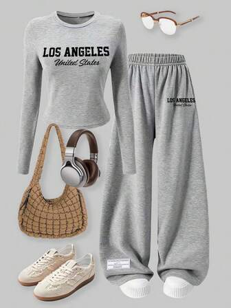 Set de 2 piezas de Camiseta de manga larga con gráfico de Los Ángeles y pantalones anchos de felpa para adolescentes, estilo casual y minimalista, ajuste ceñido, cuello redondo, para otoño/invierno