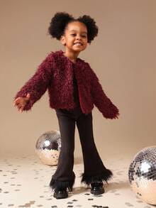 SUMWON 酒红色毛绒泰迪熊短款外套，长袖设计，适合假日派对、冬季场合和度假穿着。 - 酒紅色 - 查看 3