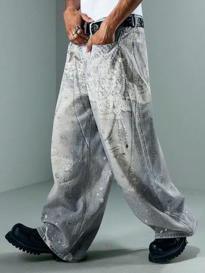 ROMWE Avant Jeans en denim imprimé casual pour hommes