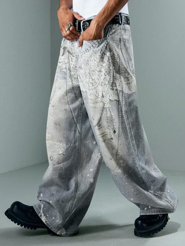 ROMWE MEN ROMWE Avant Jeans de mezclilla casual con estampado para hombres