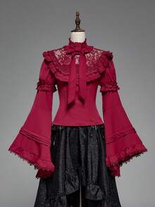 ROMWE Goth Elegant Palace Style Lace Trim Extra-Wide Bell Sleeve Lolita Christmas Fitted Bow Blouse - Red - View 1