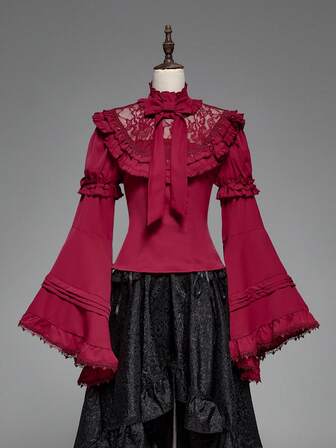 Goth Élégante blouse de style palais avec dentelle, manches évasées extra-larges, style Lolita, nœud pour Noël, coupe ajustée