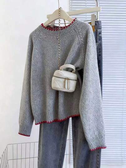 Franclia Casual Loose Fit Round Neck Long Sleeve Knitted Contrast Trim Raglan Sleeve Apricot Women Pullover Sweater, Spring/Autumn