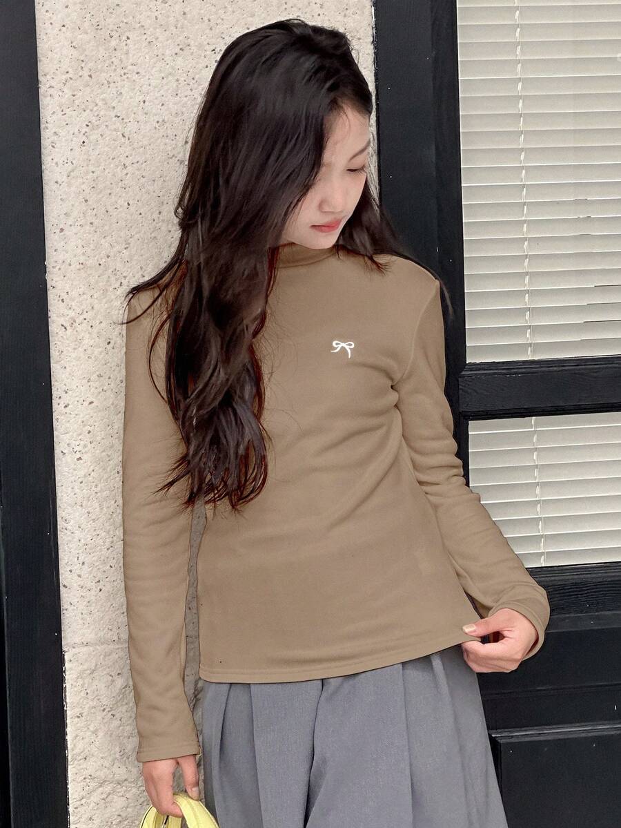 DAZY 女童圆领针织保暖内衬蝴蝶印花T恤,秋季长袖上衣 - 棕色 - 查看 1