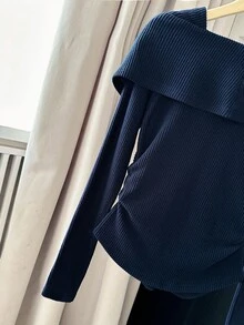 GlowEve 女式荷叶边领长袖修身衬衫 - 藏蓝色 - 查看 5