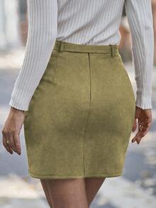 SHEIN LUNE Women's Solid Color Waist Belt Design Ruched Asymmetric Hem Bodycon Mini Skirt - Olive Green - View 2