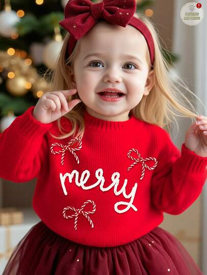 SHEIN Merry Christmas Baby Girl Casual Cute Christmas Handwritten "Merry" Bow Pattern Crew Neck Comfortable Daily Wear Long Sleeve Sweater, Suitable For Autumn/Winter Christmas Sweater For Baby Sweaters For Toddler Girls Red Christmas Dress Baby Baby Girl Christmas Outfit Toddler Girl Christmas Sweater