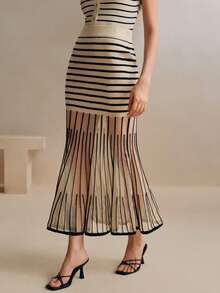 Anewsta 度假优雅现代条纹透明网眼拼接美人鱼下摆紧身裙，适合情人节和夏季的女士派对礼服 - 駝色 - 查看 7