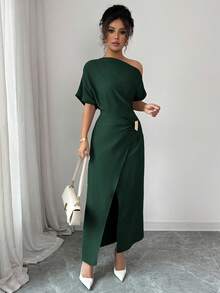 Elenzga Women's Elegant Solid Color Asymmetrical Shoulder Long Dress - Dark Green - View 3