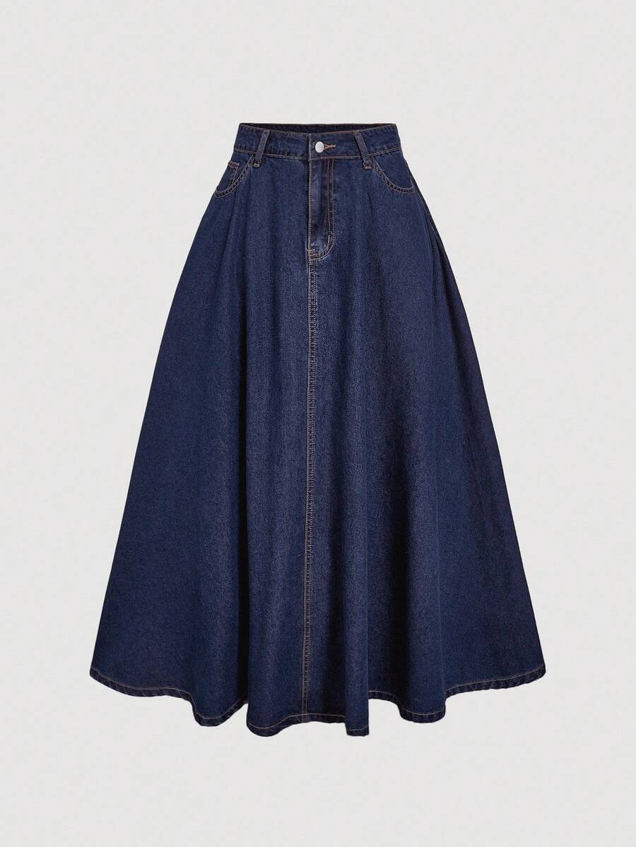 SHEIN MOD 女式休闲牛仔口袋裙 - 深色水洗藍 - 查看 1