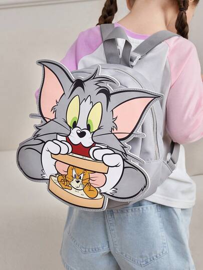TOM & JERRY X SHEIN 1 Mochila con estampado de dibujos animados, correa ajustable, bolsa de gimnasio, bolsa casual, mochila de lona, bolsa escolar, bolsa de viaje, para niñas, para niños, para mujeres, para hombres, Tom, Gato, Jerry, Ratón,