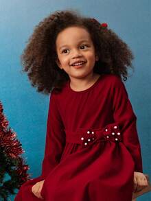 Maija Kids Young Girl Burgundy Bow Beaded Round Neck Long Sleeve Elegant Dress - Burgundy - View 7