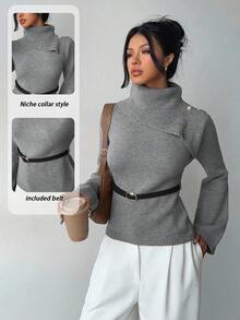Elenzga Khaki Elegant Flared Sleeve Niche Design Collar, Paired With Brown Metal Fashionable Belt, Women Sweater For Autumn/Winter - Grey - View 3