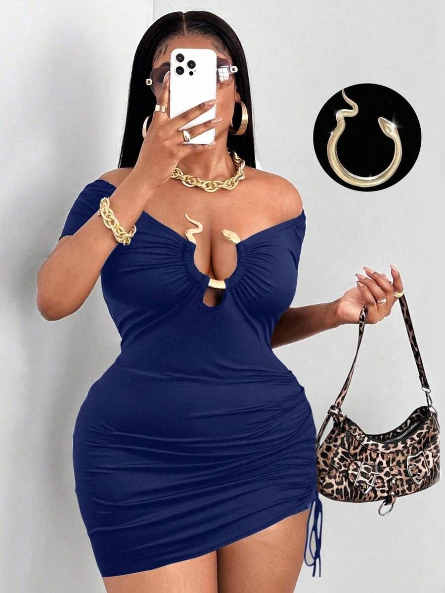 Maweii Plus Size Women Metal Snake Skin Print Asymmetric Hem Side Ruched Tie Waist Dress - Blue - View 1