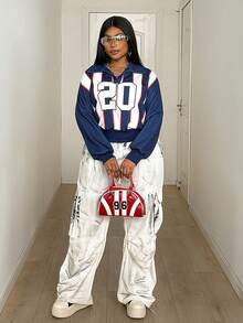 Maweii Autumn/Winter Colorblock Striped Numeric Print Casual Streetwear Pullover Sweatshirt, Loose Fit Plus Size For Young Women