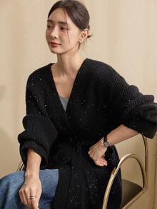 Dazy-Less 女士优雅开襟羊毛衫，休闲商务风，收腰设计，适合秋冬季节穿着，亮片装饰 - 黑色 - 查看 8