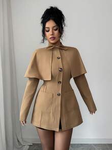 SHEIN Elenzya Women's Elegant Khaki Autumn Windbreaker,Cape-Style Mandarin Collar Long Sleeve Cinched Waist Single-Breasted Jacket,British Style Office Outerwear - Khaki - View 5