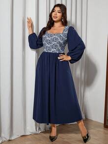 Modelyn Robe élégante à manches longues en jacquard tissé, patchwork, taille froncée, coupe évasée, grande taille - Bleu azur - Voir 3