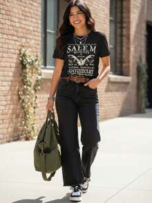 Mujer camiseta urbana gráfico vintage Salem holgada cuello redondo manga corta primavera-verano uso diario - Negro - Ver 1