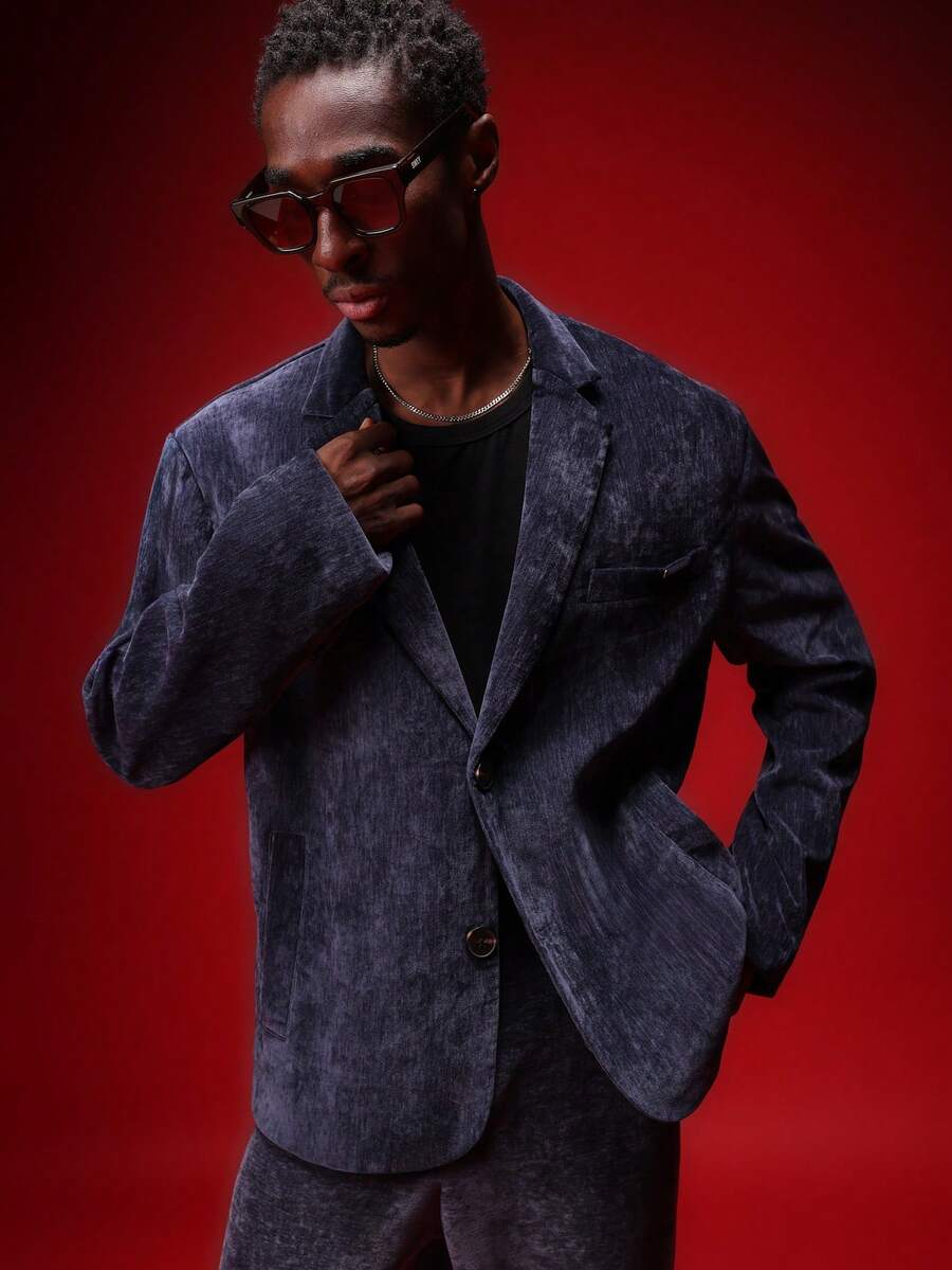 SUMWON Regular Men Velour Blazer Formal Jacket Luxury Two Button Single Breasted Smart Casual Business Professional Office Wear Long Sleeve Navy Style Structured Lapel - Blue - View 1