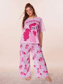 My Little Pony X SHEIN Conjunto de pijama de camiseta y pantalones con estampado de cuadros y ponis para tallas grandes de verano - Rosa - Ver 3