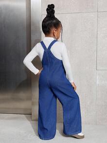 SHEIN 少女海军蓝牛仔背带裤 - 中等水洗藍 - 查看 5