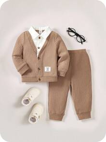 2件套婴儿男女款针织拼布领夹克和裤子套装 - 彩色 - 查看 7