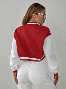 SHEIN Unity 女式秋季撞色长袖单排扣休闲短款棒球夹克 - 紅色 - 查看 2