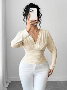 Elenzga 大码女式优雅修身长袖V领珍珠缀饰T恤上衣 - 杏色 - 查看 3