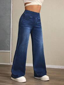 SHEIN Tall Women's Solid Color Minimalist Everyday Tummy Control Knit Denim Pants - Dark Wash - View 7