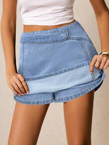 Poéselle 女士时尚休闲牛仔短裤/裙裤 - 淺色水洗藍 - 查看 1