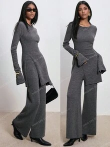 ATUI Studio 2 件套女士针织毛衣和裤子套装，时尚百搭，极简通勤，日常搭配，度假风格，办公室通勤装，极简主义女装 - 灰色 - 查看 7