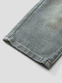 SHEIN Playful Pals 女婴休闲百搭简约 Y2K 街头风格做旧宽松直筒水洗蓝色舒适牛仔裤，适合日常穿着 - 淺色水洗藍 - 查看 3