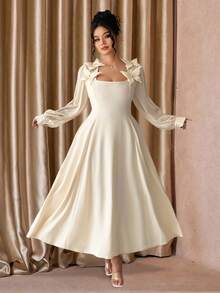 Elenzga Plus Size Women Elegant Formal White Autumn Maxi Dress,Chiffon Long Sleeve Square Neck 3D Floral Decor A-Line Party Date Gathering Minimalist Gown - Apricot - View 1