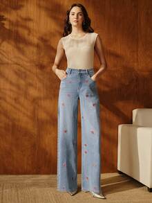 Anewsta Casual Washed Strawberry Embroidered Wide-Leg Jeans - Blue - View 2