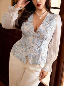 Auvina 大码女式优雅提花拼布透明亮片荷叶边V领长袖复古衬衫 - 藍色 - 查看 7