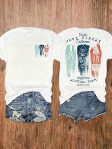 Camiseta de cuello redondo de manga corta informal para mujer con diseño de tabla de surf vintage del equipo de surf de la oeste de California, adecuada para verano y primavera