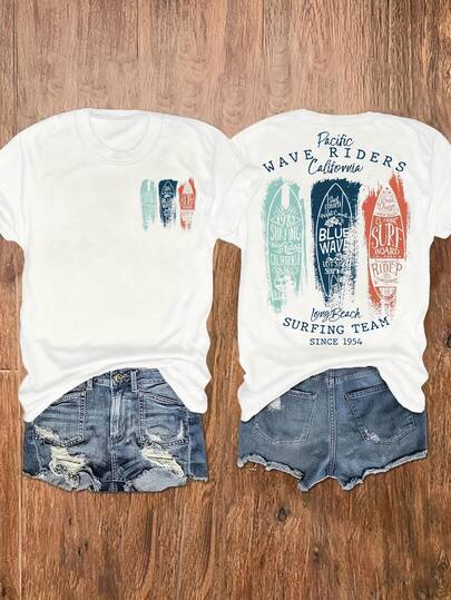 Peselancar Pantai Barat California, Tim Selancar, Desain Papan Selancar Athleisure Vintage, Kaos Lengan Pendek Leher Bulat Kasual Wanita, Putih Pantai Musim Panas