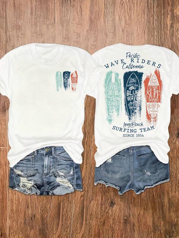 California West Coast Surfer, Surf Team, Vintage Surfboard Design, Women's Casual Round Neck Short Sleeve T-Shirt, Suitable For Summer And Spring